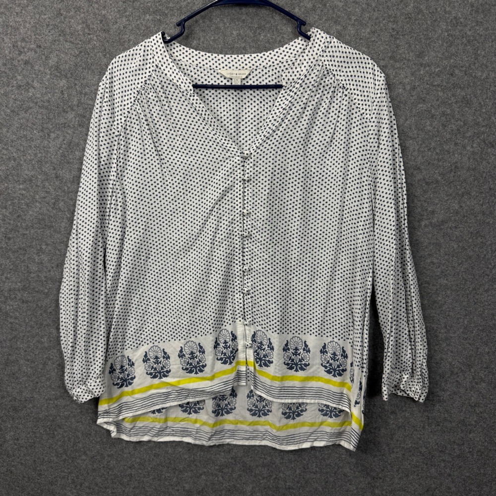 Lucky Brand Womens Large Polka Dot Floral Border Button Front Blouse Navy White